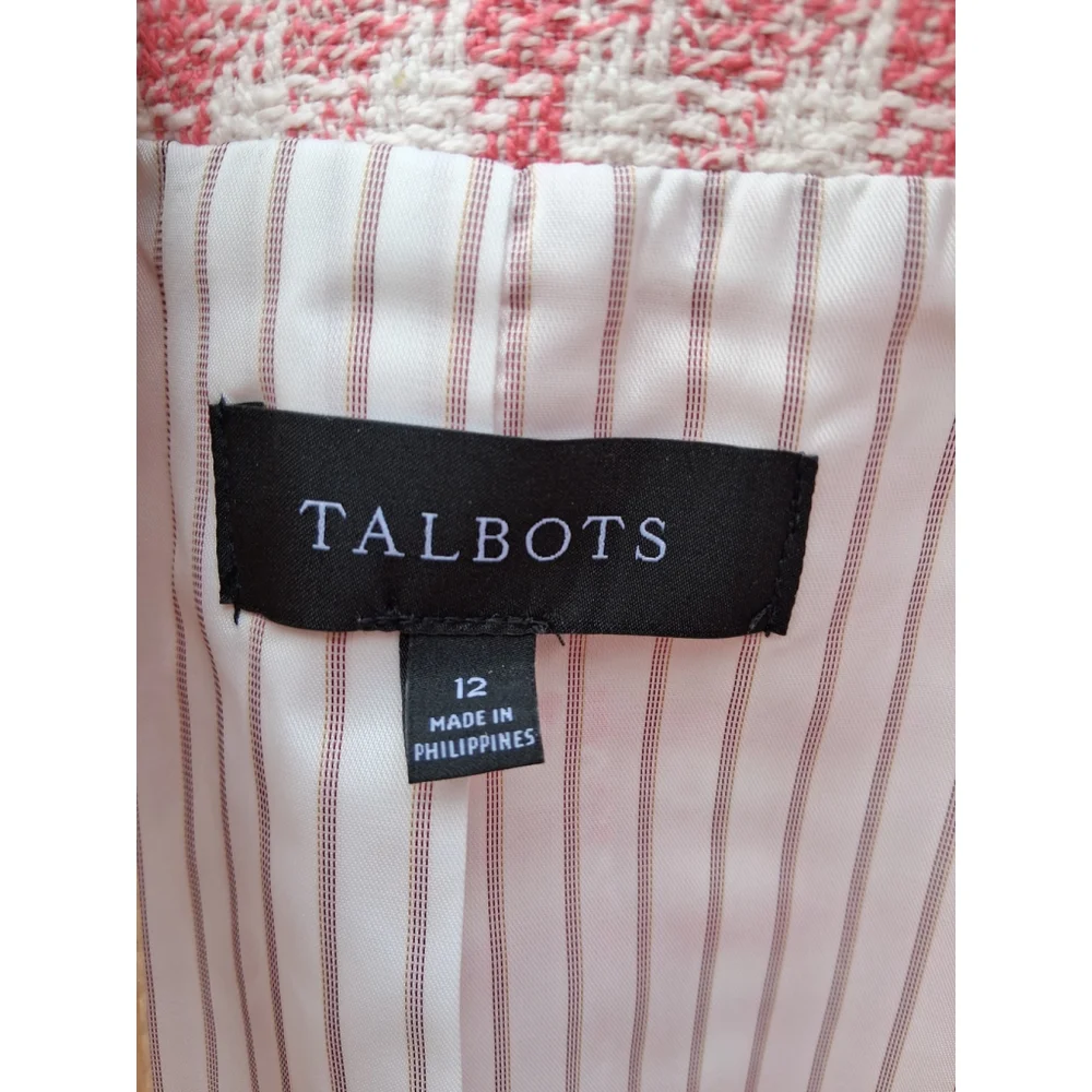 💐EUC TALBOTS Blazer Jacket Pink White Checkered Tweed Fringe Sz. 12 - Picture 10 of 14